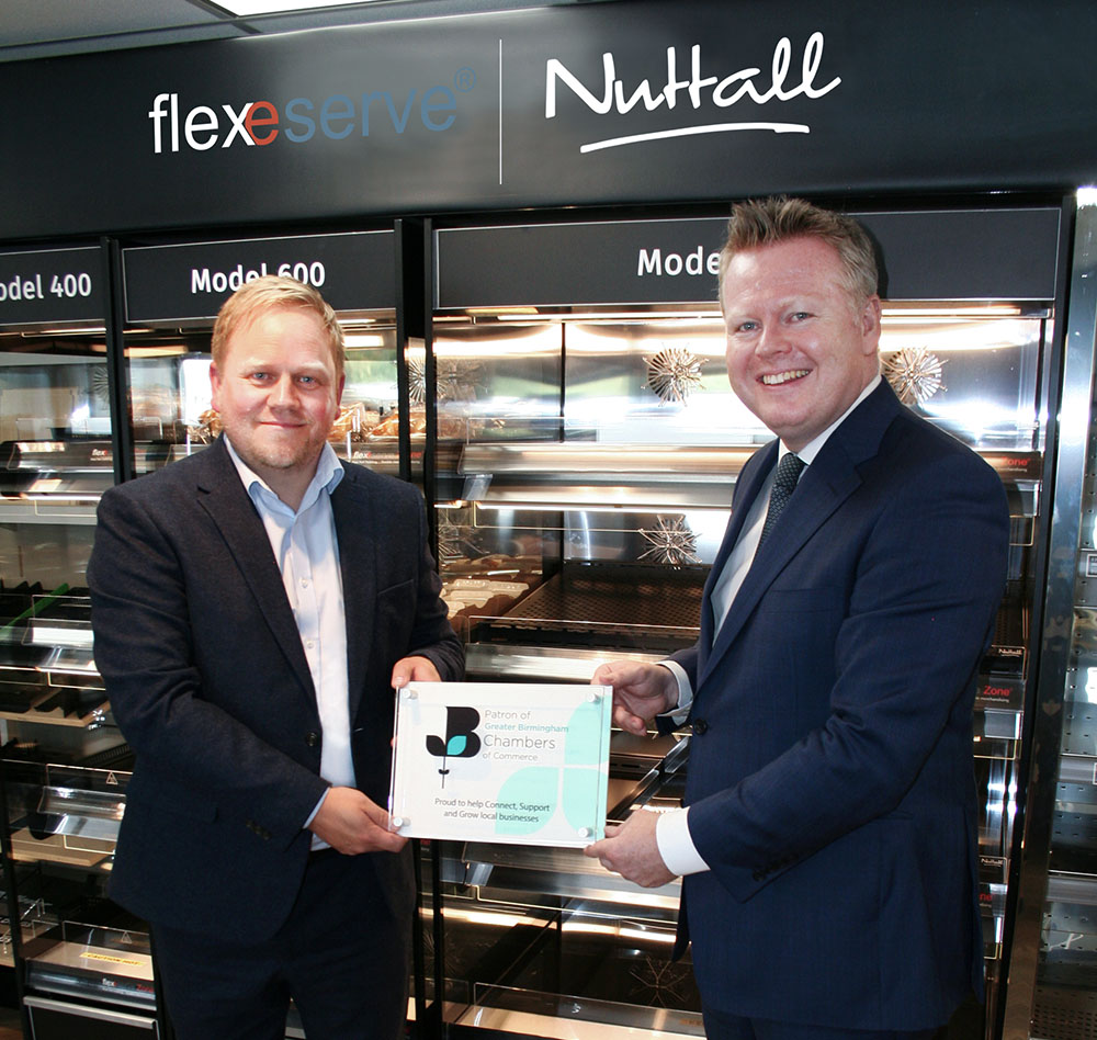 Flexeserve CEO Jamie Joyce and Paul Faulkner, Chief Executive of Greater Birmingham Chambers of Commerce holding certificate of patronage