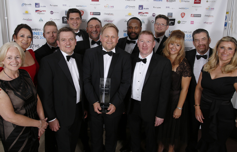 The winning team at Flexeserve at the LeicestershireLive Business Awards - with CEO, Jamie Joyce presented the award for Excellence in Manufacturing