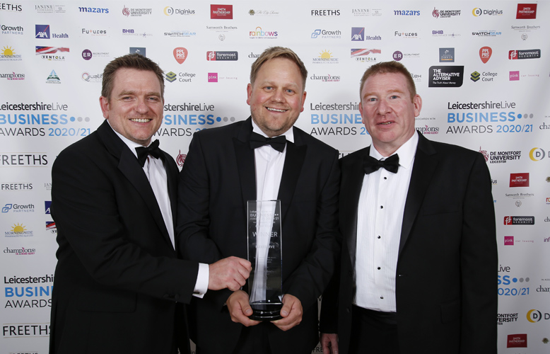 Jamie Joyce, CEO of Flexeserve, at the LeicestershireLive Business Awards 2020/21 being presented the award for Excellence in Manufacturing
