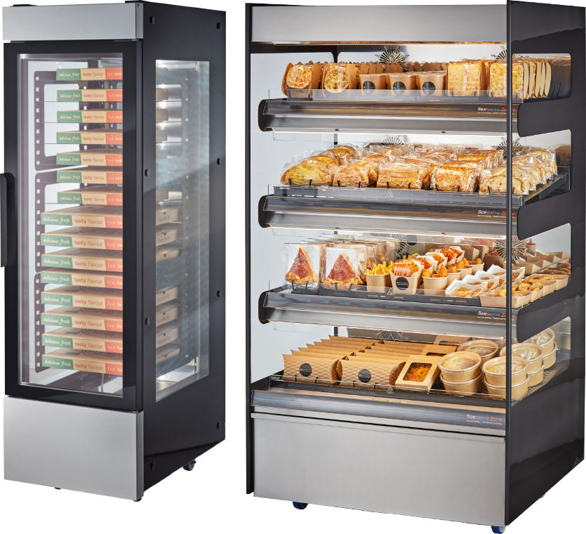 Fully merchandised Flexeserve Zone and Flexeserve Hub hot-holding units