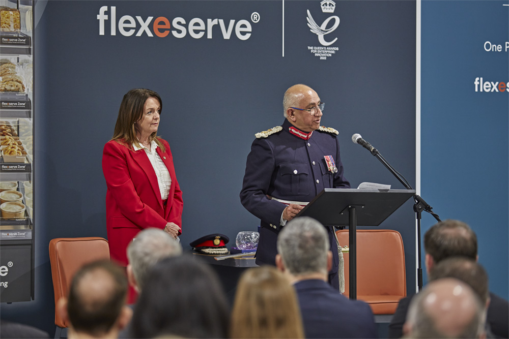 Guest of Honour, Michael Kapur Esq OBE, His Majesty’s Lord-Lieutenant of Leicestershire, presenting the Queen's Award for Enterprise: Innovation 2022 at Flexeserve’s global headquarters in Hinckley, Leicestershire, UK
