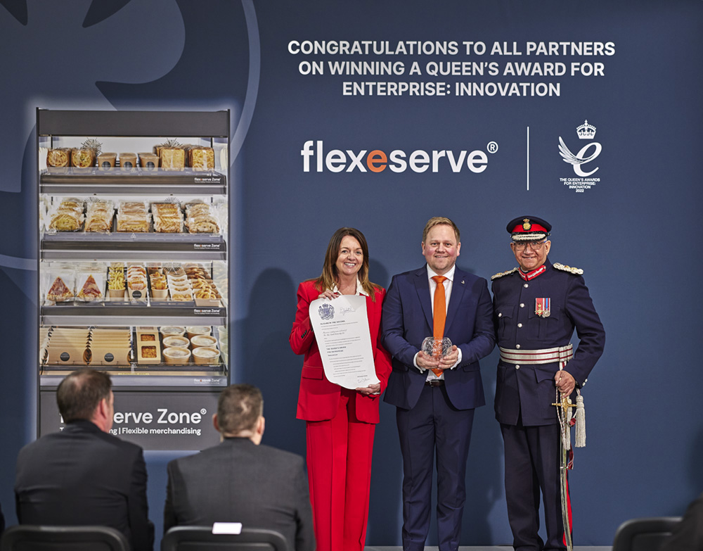 [L-R] Eileen Perry MBE – Deputy Lieutenant; Jamie Joyce – CEO, Flexeserve, holding the Queens Award for Enterprise: Innovation 2022; Michael Kapur Esq OBE, His Majesty’s Lord-Lieutenant of Leicestershire