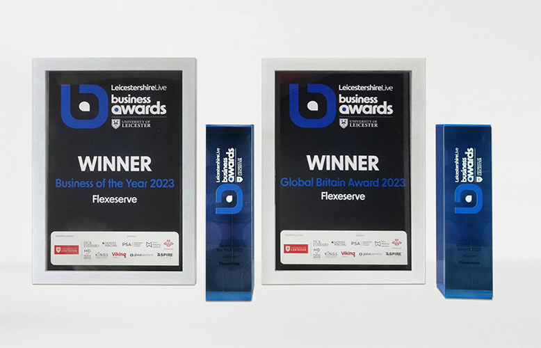 Certificate and award for Business of the Year and the Global Britain Award, presented to Flexeserve at the LeicestershireLive Business Awards 2023