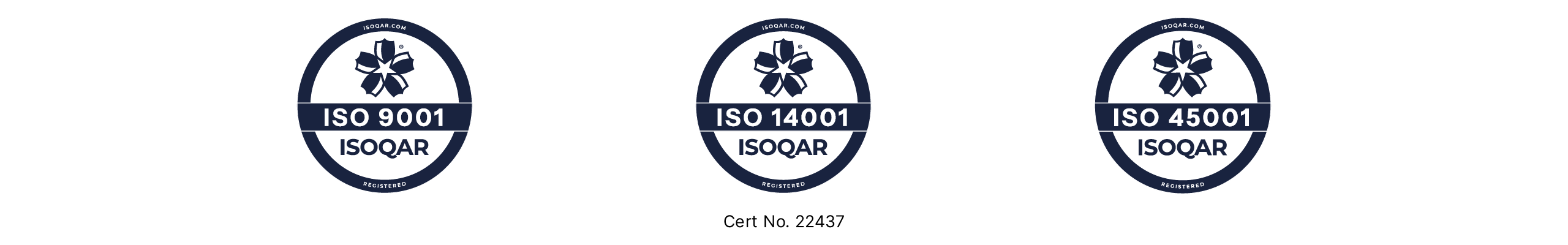 ISO certifications logos - ISO 9001 quality management, ISO 14001 environmental management and ISO 45001 health and safety management - awarded to Flexeserve