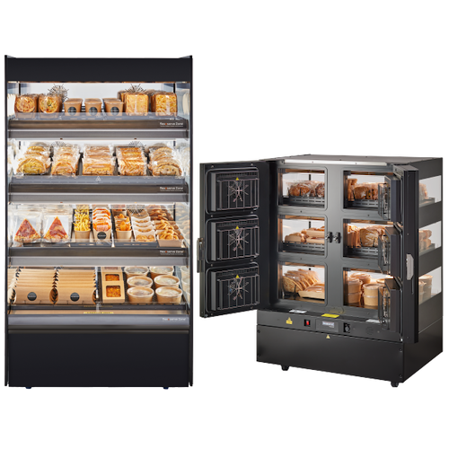 Flexeserve Zone exhibidores de suelo para alimentos calientes, con carga posterior, de 3 y 4 niveles, diseñados para mantener la comida caliente durante todo el día.