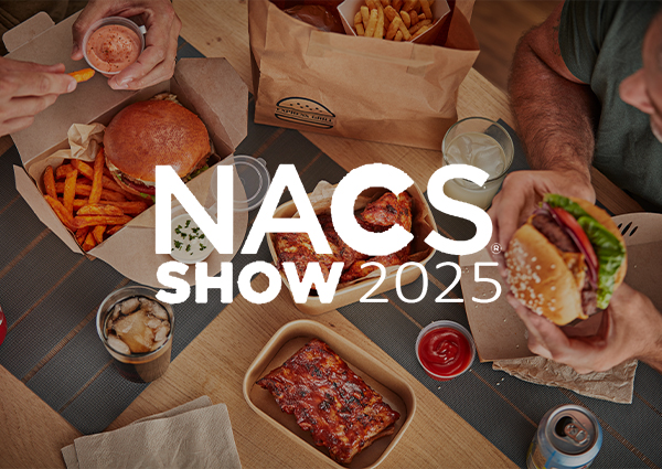 NACS Show 2025 logo and a variety of grab-and-go hot-held by Flexeserve advanced technology