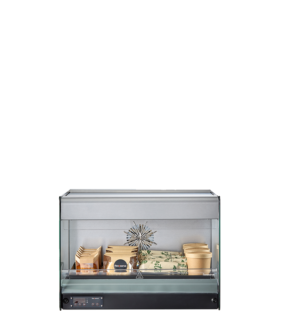 Flexeserve Zone Lite stocked with a variety of hot food-to-go - the ideal starter unit in the Flexeserve Zone countertop range