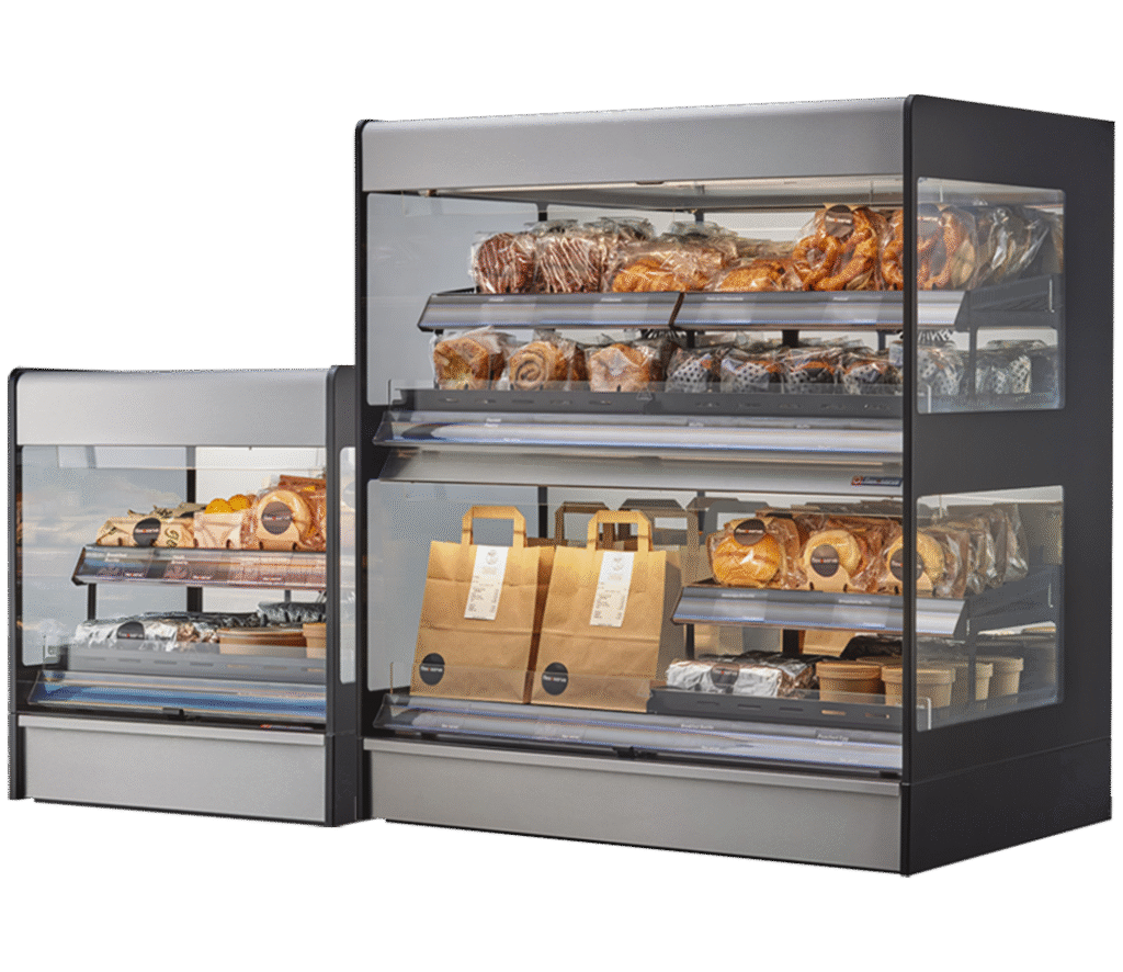 Exhibidores de mostrador para comida caliente de 1 y 2 niveles, con un 80 % más de capacidad para pedidos para llevar.