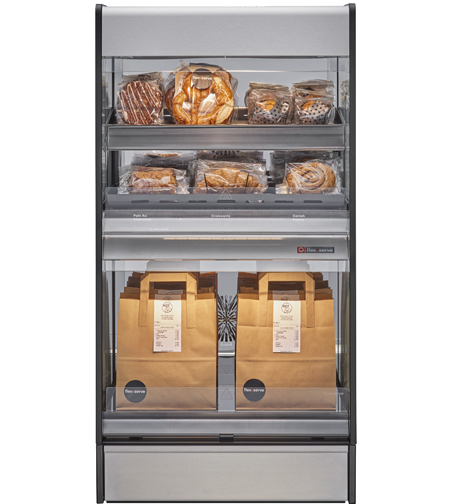 Flexeserve Zone Xtra, equipado con una amplia variedad de comida caliente para llevar y bolsas para delivery, es el modelo de mayor capacidad dentro de la gama de mostrador Flexeserve Zone